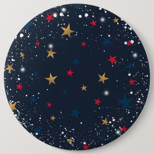 金ゴールド、赤い星、青の雪片。フェスティバル 缶バッジ (正面)