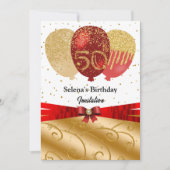 金ゴールド、赤い風船&シルクリボン50誕生日 招待状 (正面)