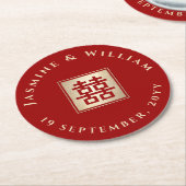 金ゴールド/赤の正方形の二重の幸福中国のの結婚数 ラウンドペーパーコースター (アングル)