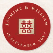 金ゴールド/赤の正方形の二重の幸福中国のの結婚数 ラウンドペーパーコースター (正面)