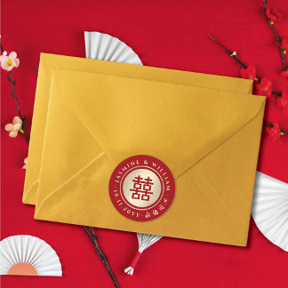 金ゴールド/赤サークルダブル幸中国のせ結婚の ラウンドシール