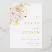 金ゴールド&赤面ワイルドフラワー結婚ズゴールデン 箔招待状 (正面)