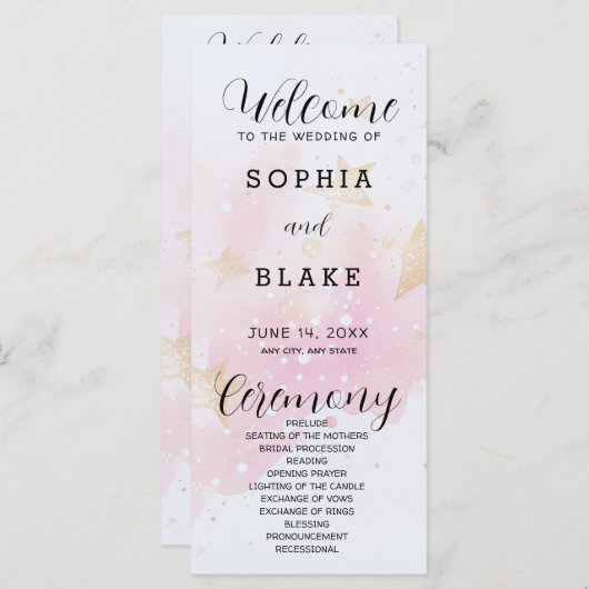 金ゴールド、赤面&オフホワイトスターズ結婚式 プログラム (正面/裏面)