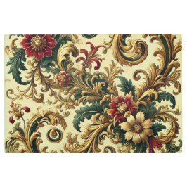 金ゴールド、赤、緑のバロックの花柄 メタルプリント