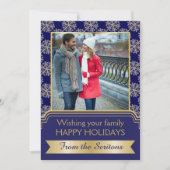 金ゴールド、青いスノーフレークとフレームのクリスマスグローン シーズンカード (正面)