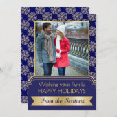 金ゴールド、青いスノーフレークとフレームのクリスマスグローン シーズンカード (正面/裏面)