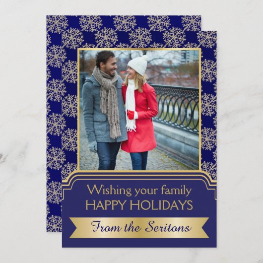 金ゴールド、青いスノーフレークとフレームのクリスマスグローン シーズンカード (正面/裏面)