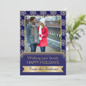 金ゴールド、青いスノーフレークとフレームのクリスマスグローン シーズンカード (スタンド正面)