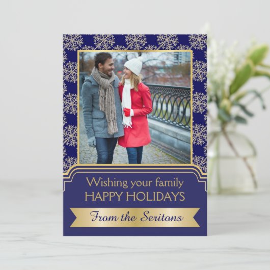 金ゴールド、青いスノーフレークとフレームのクリスマスグローン シーズンカード (スタンド正面)