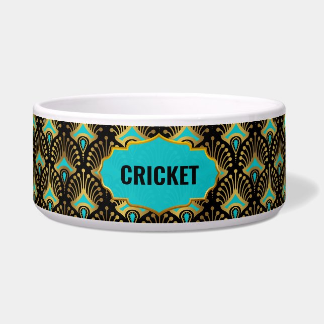 金ゴールド、青および黒のアールデコパターン名前をカスタムする ボウル (正面)