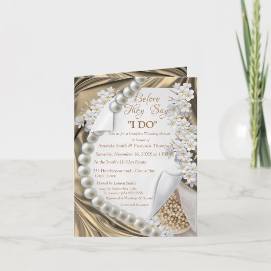 金ゴールド、青、アイボリー、緑の絹、真珠 招待状 (正面)