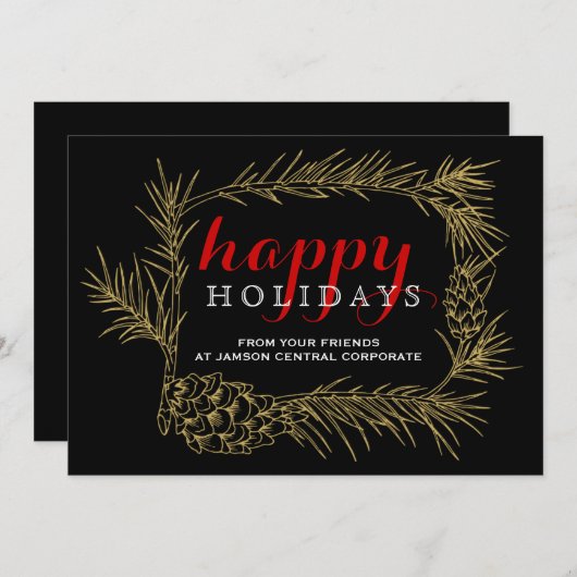 金ゴールド、黒いモミの枝フレームのクリスマス企業の シーズンカード (正面/裏面)