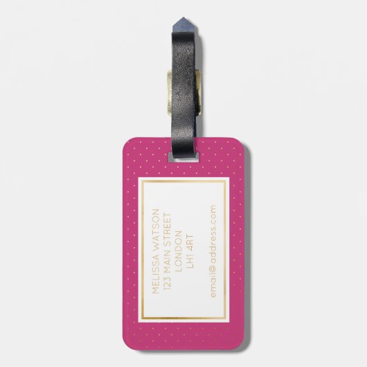金ゴールド、黒い及びショッキングピンクの小さい水玉模様の荷物のラベル ラゲッジタグ (裏面縦)