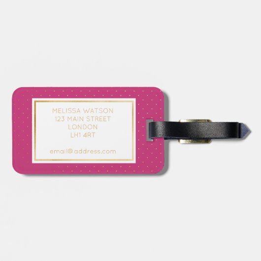 金ゴールド、黒い及びショッキングピンクの小さい水玉模様の荷物のラベル ラゲッジタグ (裏面横)