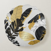 金ゴールド、黒い熱帯植物：豪華。 ラウンドクッション (裏面)