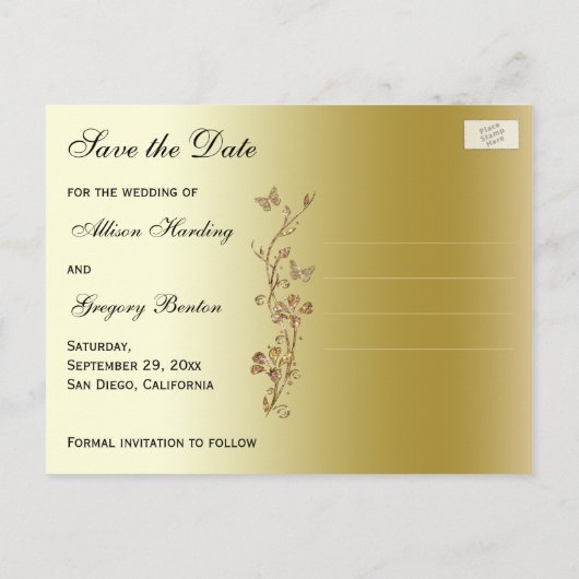 金ゴールド、黒い蝶の日付はがきを保存 案内ポストカード (裏面)