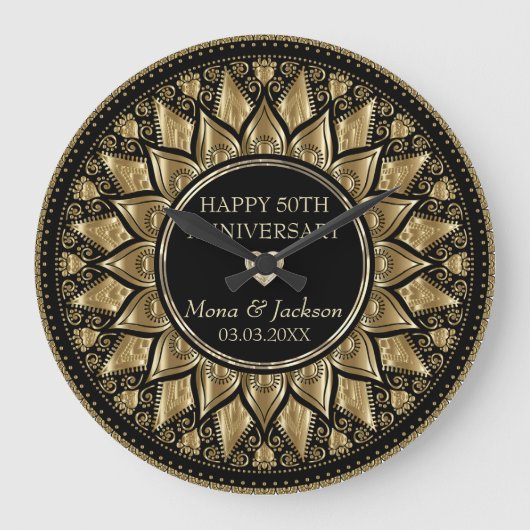 金ゴールド・黒フローラ曼荼羅 ラージ壁時計 (正面)