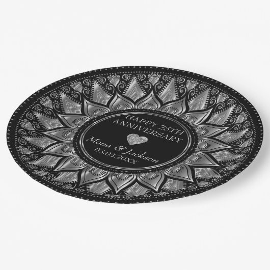 金ゴールド・黒フローラ結婚曼荼羅記念日 ペーパープレート (アングル)