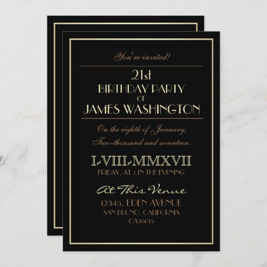 金ゴールド（黒ローマ数字）| 21歳の誕生日パーティー 招待状 (正面/裏面)