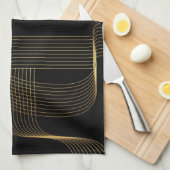 金ゴールド、黒、エレガントで、クールで、ユニークで粋な線画 キッチンタオル (四つ折り)