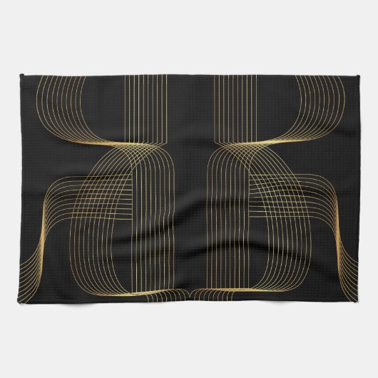 金ゴールド、黒、エレガントで、クールで、ユニークで粋な線画 キッチンタオル (横)