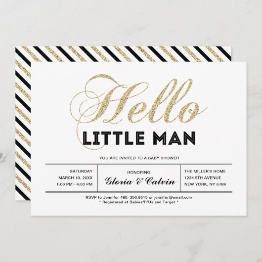 金ゴールド、黒 |タイポグラフィモダンボーイ赤ちゃんシャワー 招待状 (正面/裏面)