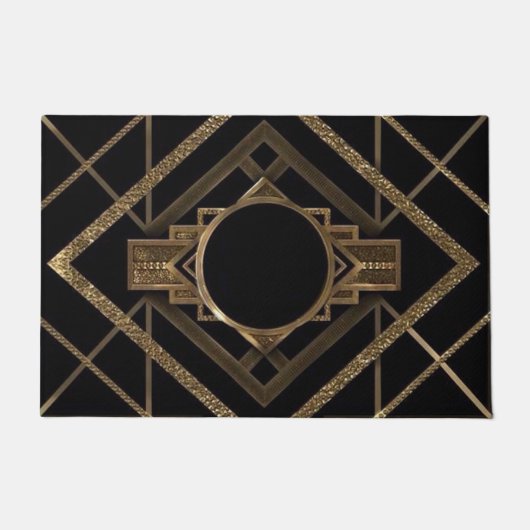 金ゴールド、黒、パターン金属、アール・デコヴィンテージ、キー ドアマット (正面)