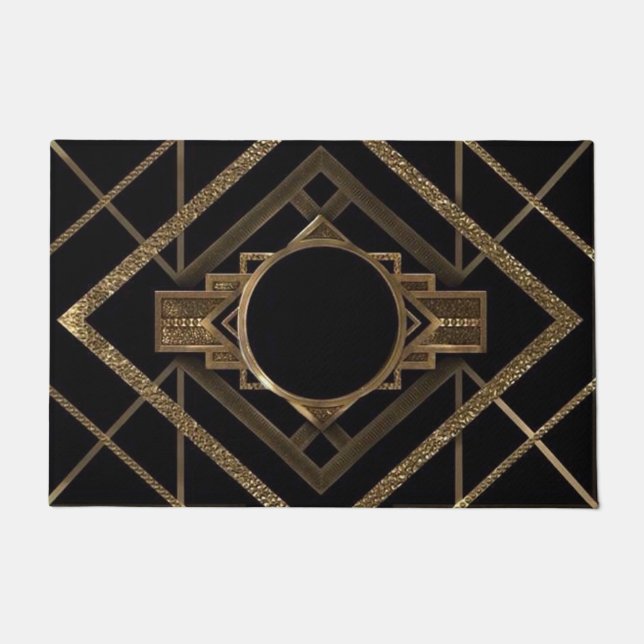 金ゴールド、黒、パターン金属、アール・デコヴィンテージ、キー ドアマット (正面)