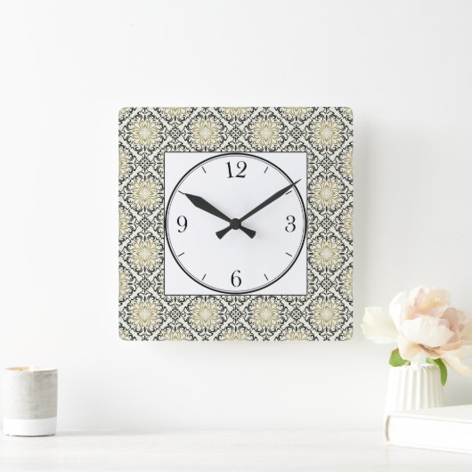 金ゴールド、黒、ベージュのモロッコパターン スクエア壁時計 (ホーム)