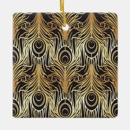 金ゴールド，黒，孔雀パターン，アールヌーボー,ヴィンテージ，ベ セラミックオーナメント (正面)