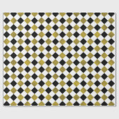 金ゴールド、黒、 + 白いダイヤモンドのチェック模様のギフト用包装紙 ラッピングペーパー (フラット)