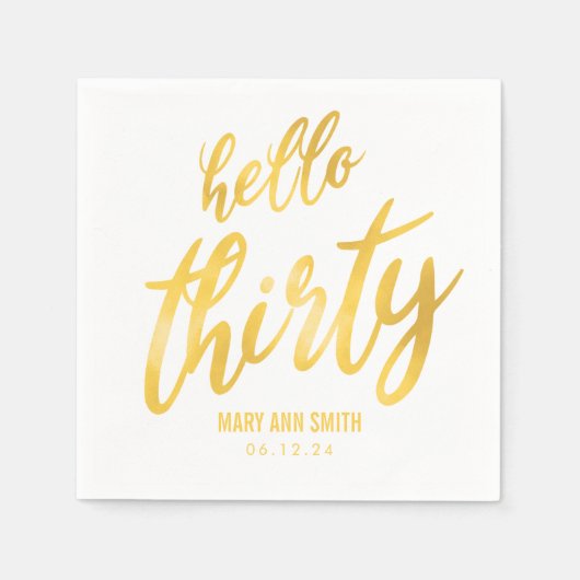 金ゴールド「Hello Thirty」誕生日(名前あり) スタンダードカクテルナプキン (正面)