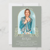 金ゴールドArchフォトセージ緑の葉卒業 招待状 (正面)