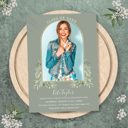 金ゴールドArchフォトセージ緑の葉卒業 招待状