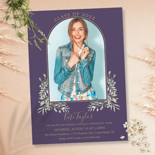 金ゴールドArchフォトパープル葉の卒業 招待状