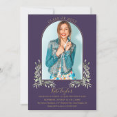 金ゴールドArchフォトパープル葉の卒業 招待状 (正面)