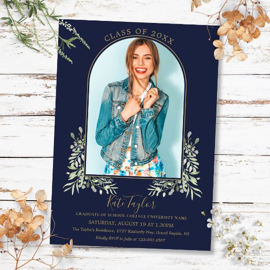 金ゴールドArch Photo Navy Blue Food Graduation 招待状