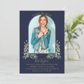 金ゴールドArch Photo Navy Blue Food Graduation 招待状 (スタンド正面)