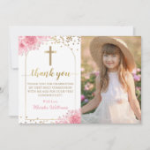 金ゴールドArch PinkフローラFirst Holy Communion写真 サンキューカード (正面)
