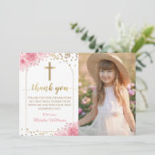 金ゴールドArch PinkフローラFirst Holy Communion写真 サンキューカード (スタンド正面)