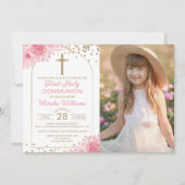 金ゴールドArch PinkフローラFirst Holy Communion写真 招待状 (正面)