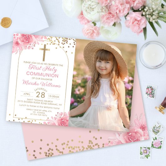 金ゴールドArch PinkフローラFirst Holy Communion写真 招待状
