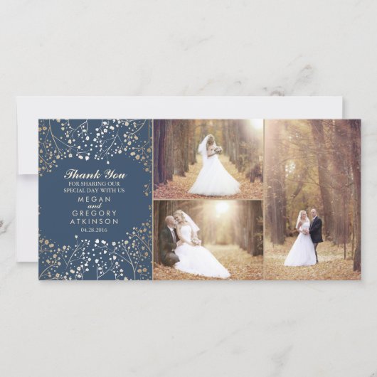 金ゴールドBaby's Breath Navy'結婚s Photo Thank You サンキューカード (正面)