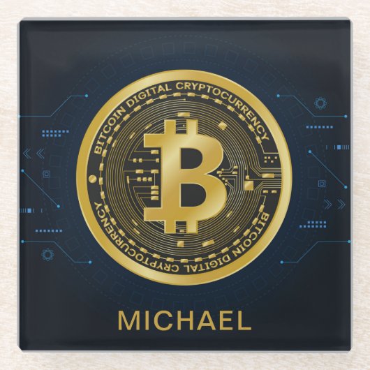 金ゴールドBitcoin暗号化パーソナライズされた名 ガラスコースター (正面)
