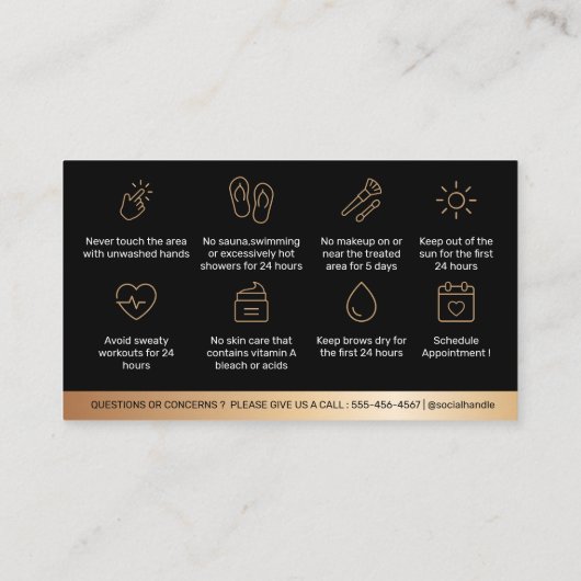 金ゴールドBlack Brows AfterCare PMU Browの指示 名刺 (裏面)