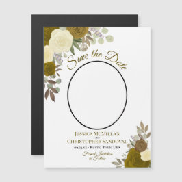 金ゴールドBohoフローラ&フォトウェディング日付を保存 マグネット招待状