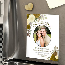 金ゴールドBohoフローラ&フォトウェディング日付を保存 マグネット招待状