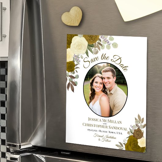 金ゴールドBohoフローラ&フォトウェディング日付を保存 マグネット招待状