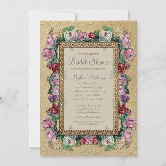 金ゴールドBrocadeフローラエレガントブライダルシャワー 招待状 (正面)