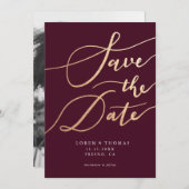 金ゴールドBurgundyスクリプトタイポグラフィ日付の保存 セーブザデート (正面/裏面)